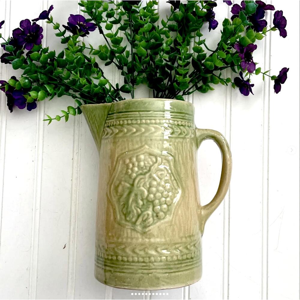 Vintage 1930s McCoy Green Yellow Salt Glaze Pitcher Raised Grape Crazing
